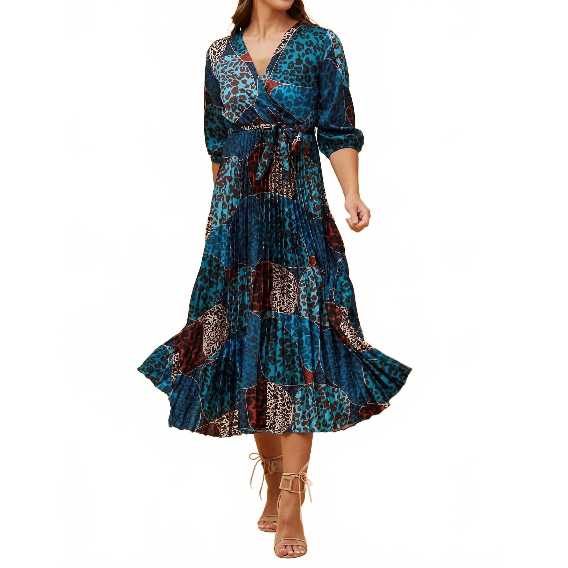 New Papillon Satin Animal Print Pleated Dress In Blue Multi